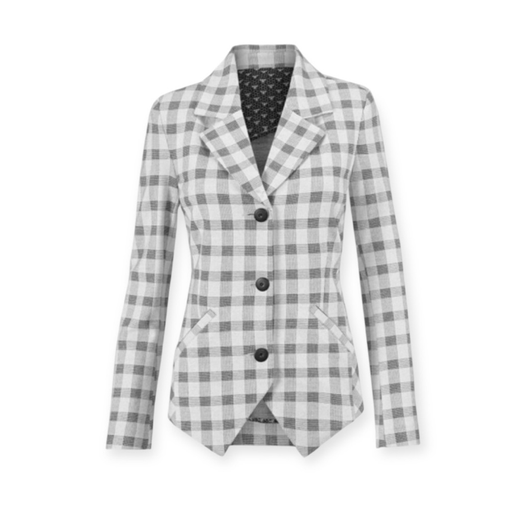 Cabi Valentina Gray Plaid Cheek Sleek Ponte Blazer